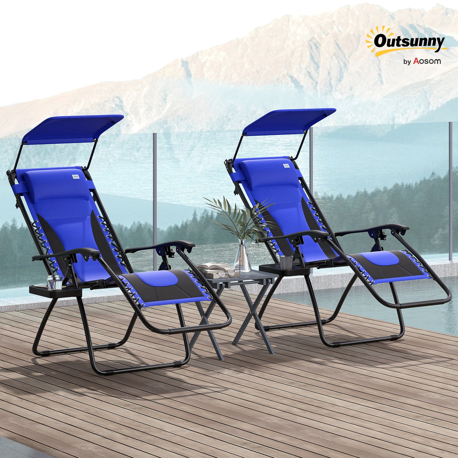 Zero Gravity Lounger Chair Set of 2, Folding Reclining Patio Chair with Shade Cover, Cup Holder, Soft Cushion and Headrest for Poolside, Camping, Blue