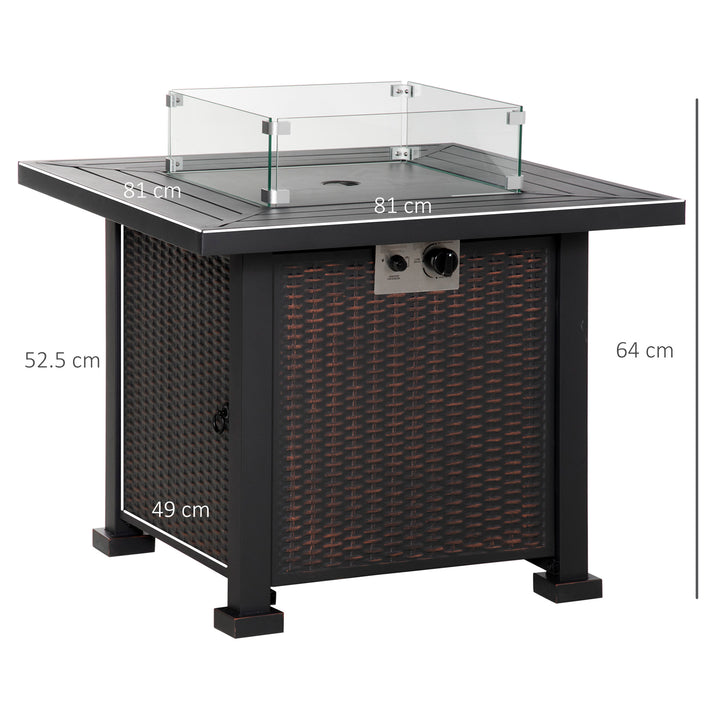 Square Propane Gas Fire Pit Table, 50000 BTU Rattan Smokeless Firepit Patio Heater with Glass Screen, Glass Beads and Lid, 81cm x 81cm x 64cm, Black