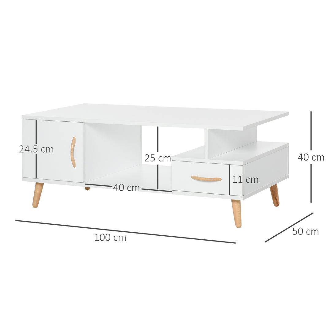 HOMCOM Modern Minimalism Coffee Table with Storage, Sofa Side Table with Shelf & Drawer for Living Room Reception Room, White