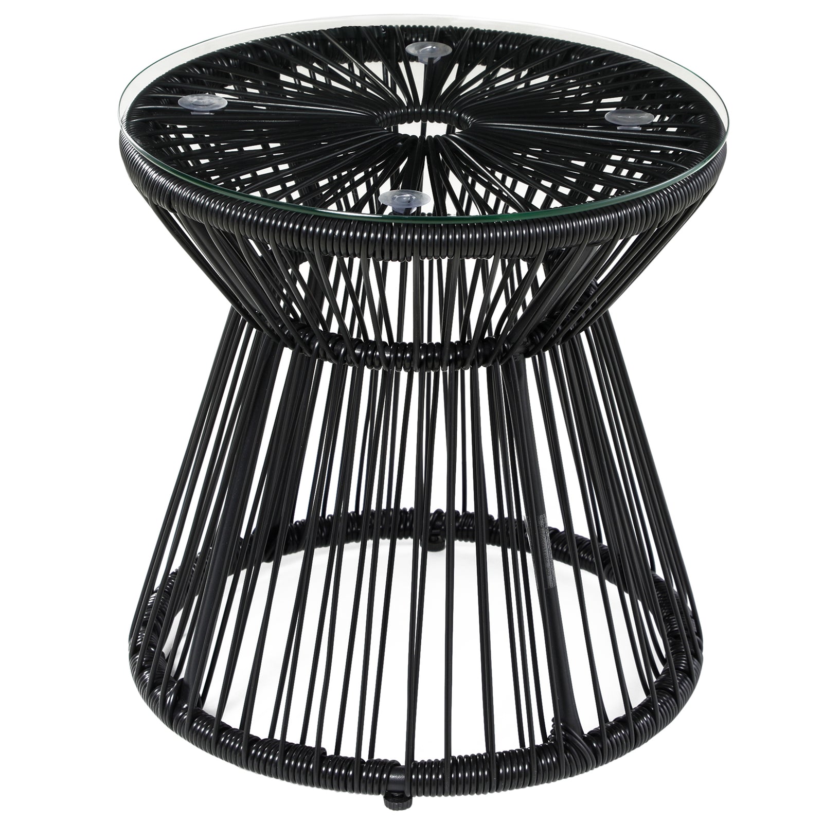 Round End Table, Rattan Side Table, Hollow Drum Design Coffee Table w/ Glass Tabletop for Patio, Garden, Balcony Black