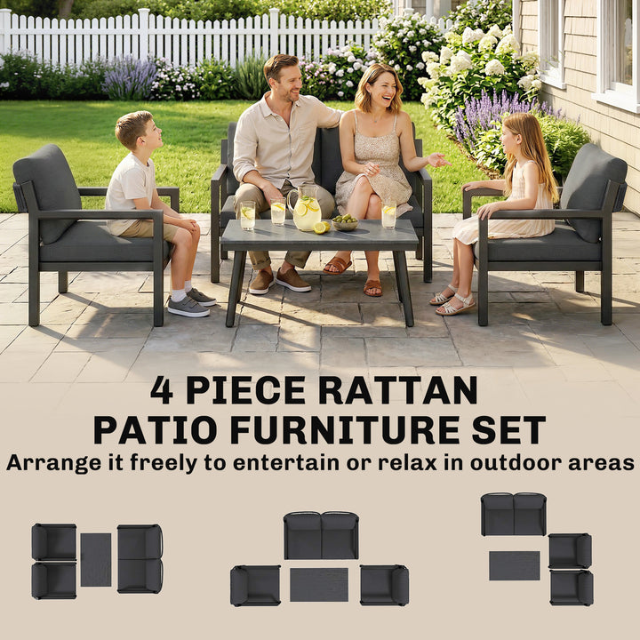 4 Seater Rattan Garden Furniture Set with 2 Armchairs, Loveseat, Coffe