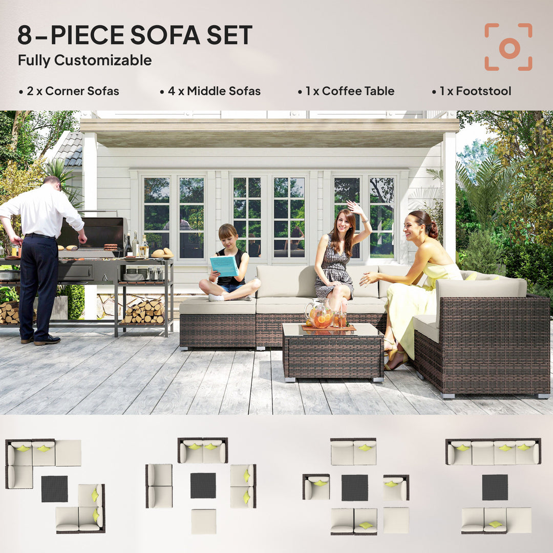 8 Piece Rattan Corner Sofa Set with Wide & Deep Seat, Assembled Aluminium PE Rattan Garden Furniture Set with Thick Cushions and Glass Top Table for Outdoor, Conservatory, Mixed Brown