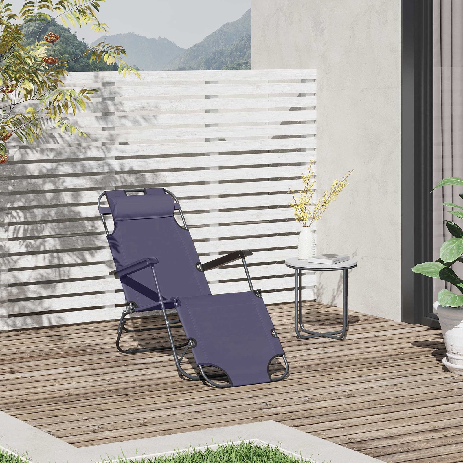 2 in 1 Folding Sun Lounger Reclining Garden Chair with 2-Level Adjustable Backrest, Outdoor Zero Gravity Recliner Garden Chair with Head Pillow and Armrests, Grey