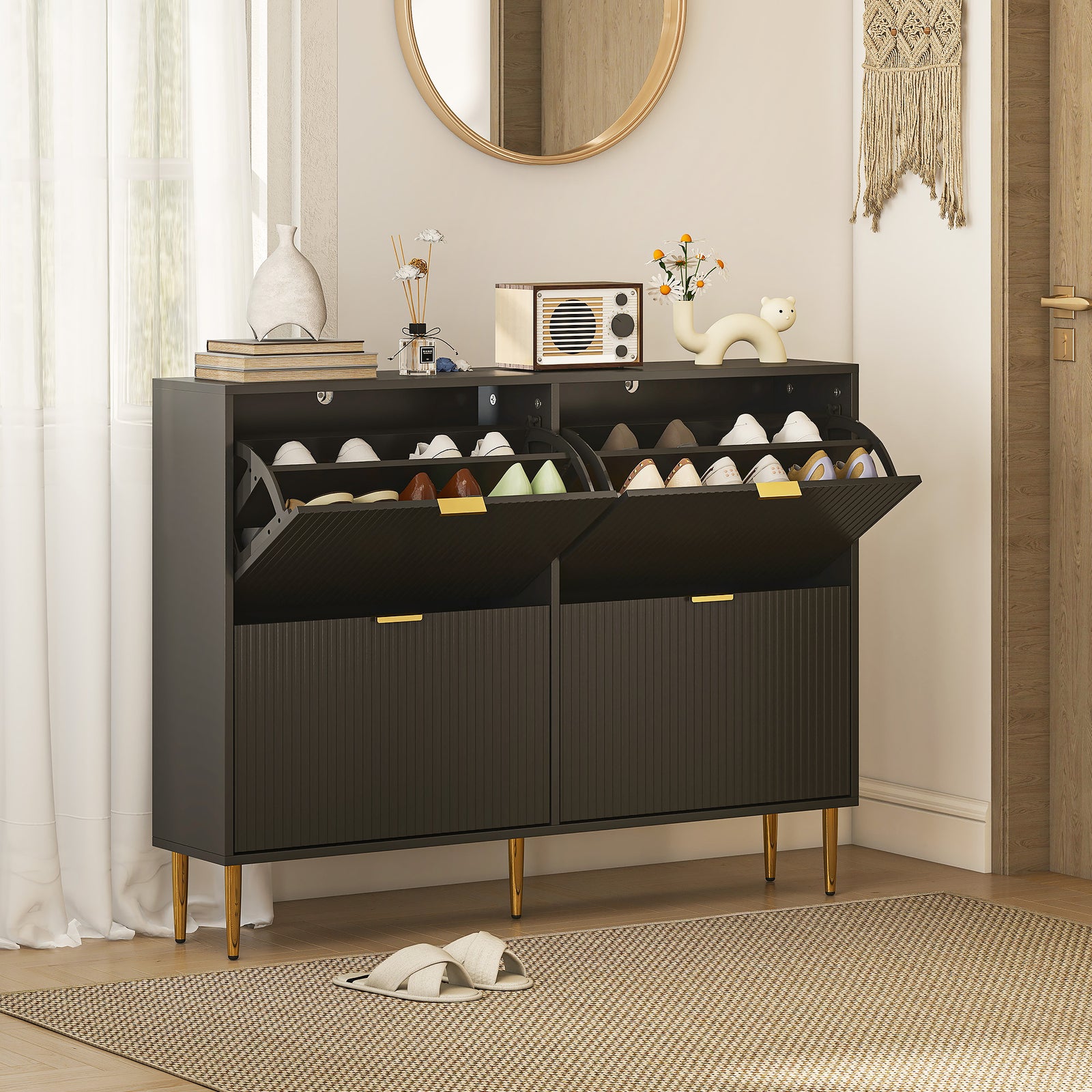 Narrow Shoe Cabinet with 4 Flip Drawers - Black