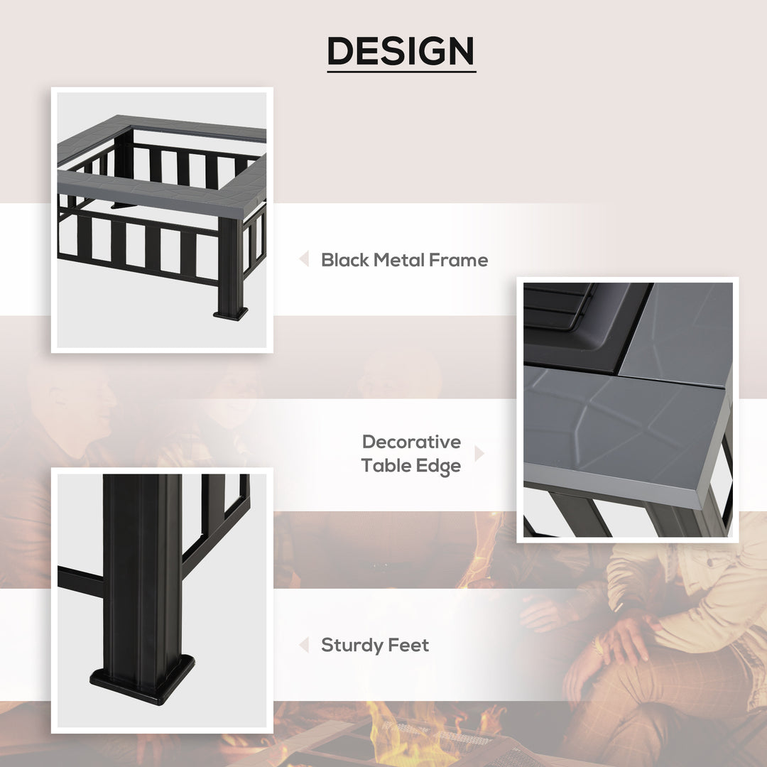 MCL Metal Large Firepit Outdoor Square Fire Pit Brazier with Rain Cover, Lid, Log Grate, Poker for Backyard, Camping, BBQ, Bonfire, Wood Burning Stove, 86 x 86 x 54cm, Black