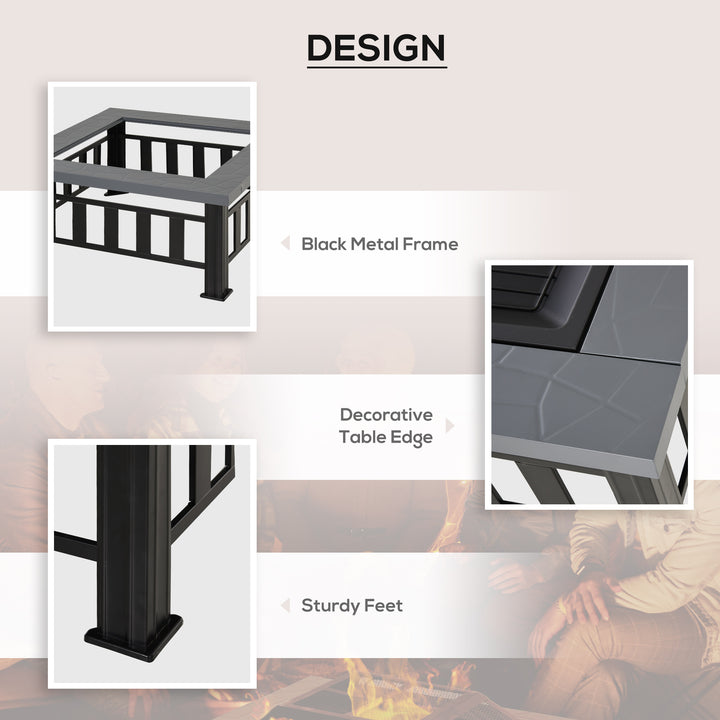 MCL Metal Large Firepit Outdoor Square Fire Pit Brazier with Rain Cover, Lid, Log Grate, Poker for Backyard, Camping, BBQ, Bonfire, Wood Burning Stove, 86 x 86 x 54cm, Black