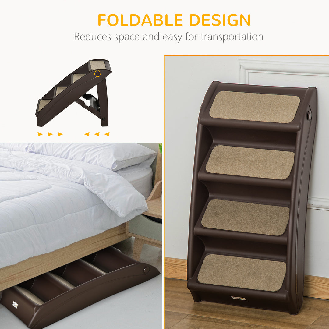 Foldable Four-Step Pet Stairs, for Cats, Small Miniature Dogs, with Non-Slip Mats 62 x 38 x 49.5cm - Brown