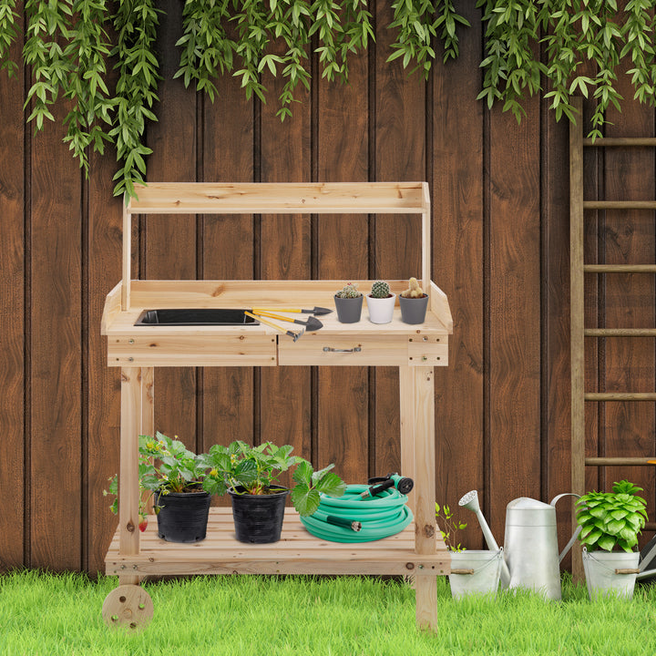 MCL Garden Potting Bench Table, Wooden Work Station, Outdoor Planting Workbench with 2 Wheels, Sink, Drawer & Large Storage Spaces, 92x45x119cm