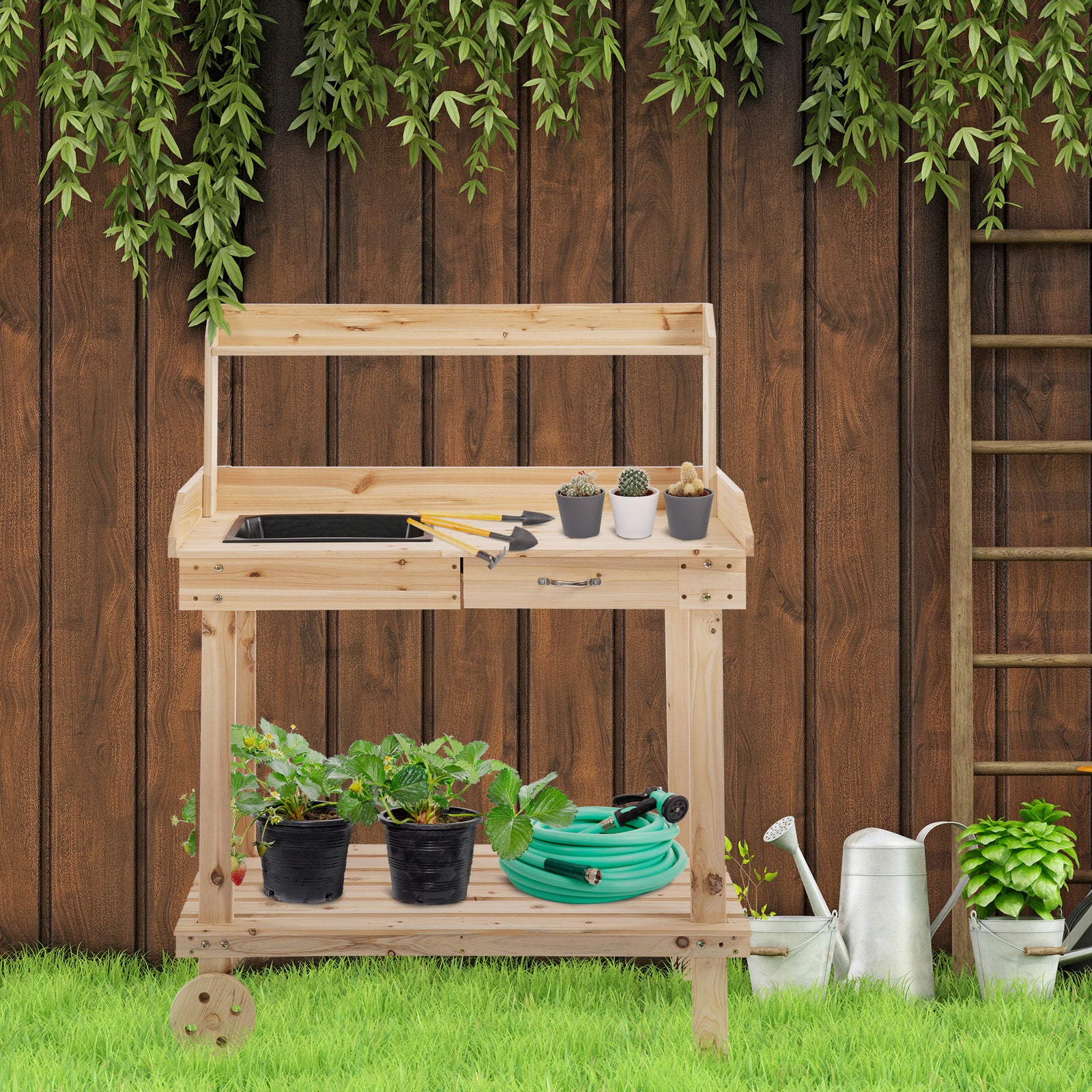 Garden Potting Bench Table, Wooden Work Station, Outdoor Planting Workbench with 2 Wheels, Sink, Drawer & Large Storage Spaces, 92x45x119cm