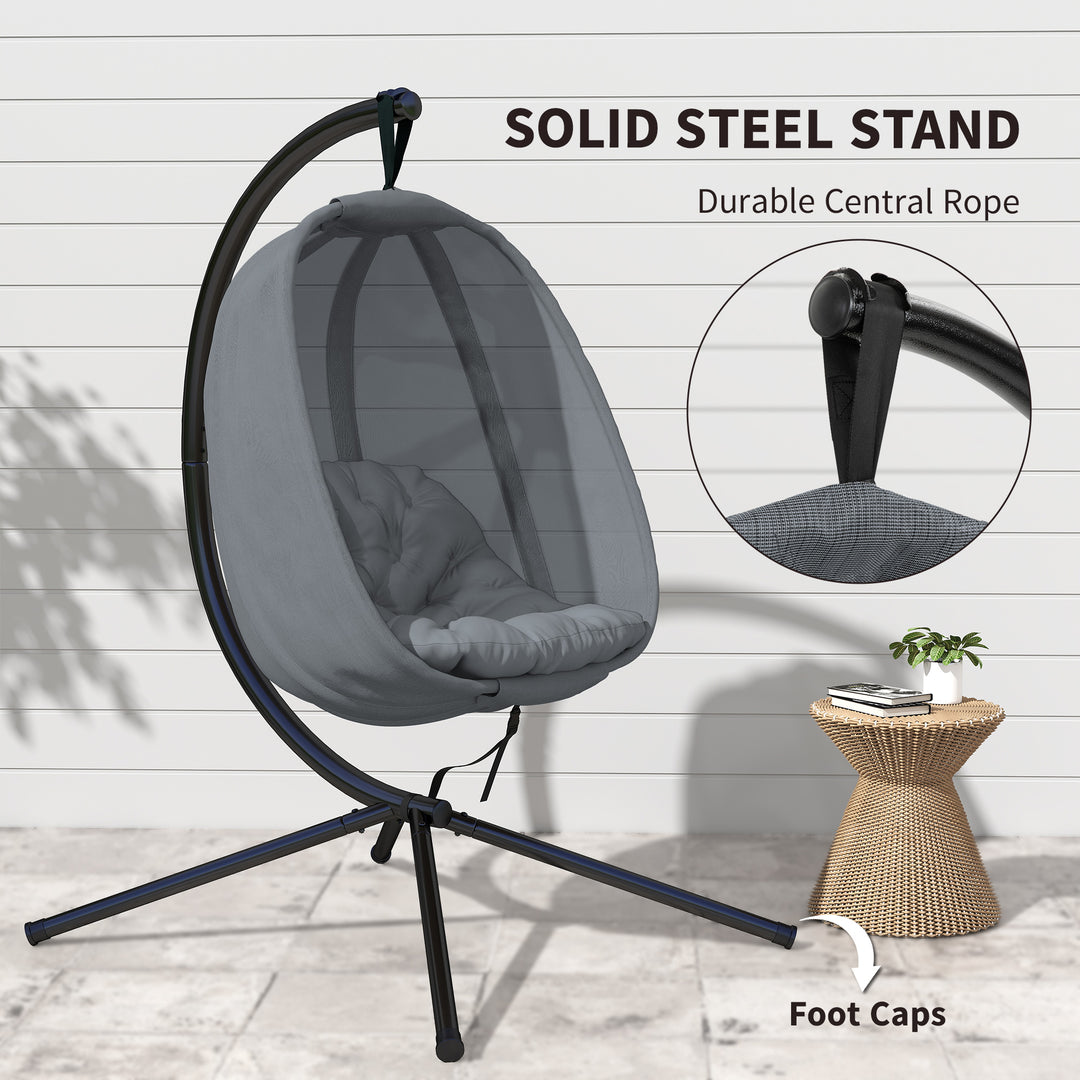 MCL Hanging Egg Chair, Folding Texteline Swing Hammock with Side Pocket, Cushion and Stand for Indoor Outdoor, Patio Garden Furniture, Grey