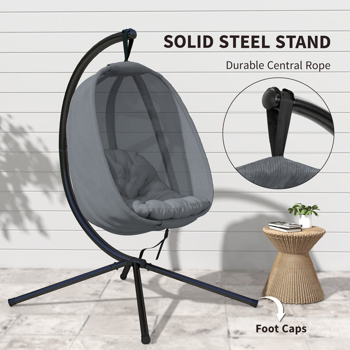MCL Hanging Egg Chair, Folding Texteline Swing Hammock with Side Pocket, Cushion and Stand for Indoor Outdoor, Patio Garden Furniture, Grey