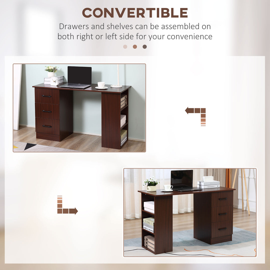 Computer Desk, Writing Table, PC Workstation with 3 Storage Shelves and Drawers, Black Handle, for Home Office, Walnut Brown