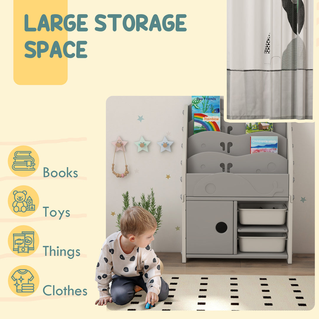 AIYAPLAY Kids Storage Units with 2 Storage Boxes, 4 Tier Bookshelf, Cabinet, 67 x 29 x 98cm Light Grey