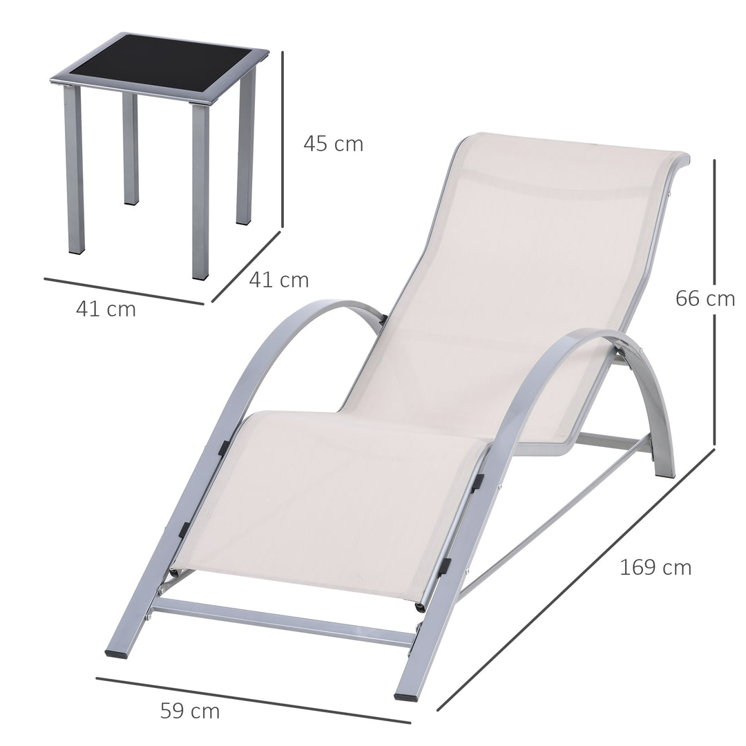 Outsunny 3 Piece Lounge Chair Set, Metal Frame, Outdoor Garden Recliner, Sunbathing Chair with Table, Cream.