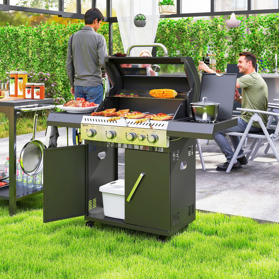4+1 Burner Gas BBQ Grill with Clear View Lid, Portable Gas Barbecue Grill with Built-in Thermometer, Side Table, Cabinet, Wheels, Grease Tray for Garden Party Outdoor Cooking, Black