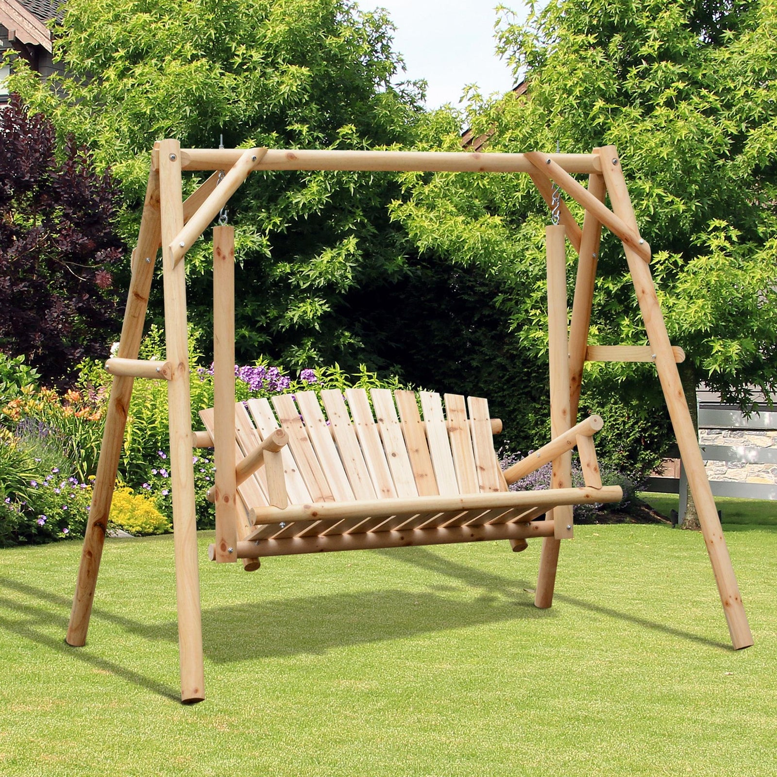 Outdoor 2 Seater Swing Chair Larch Wood Garden Swing Seat Porch Hammock Bench Lounger