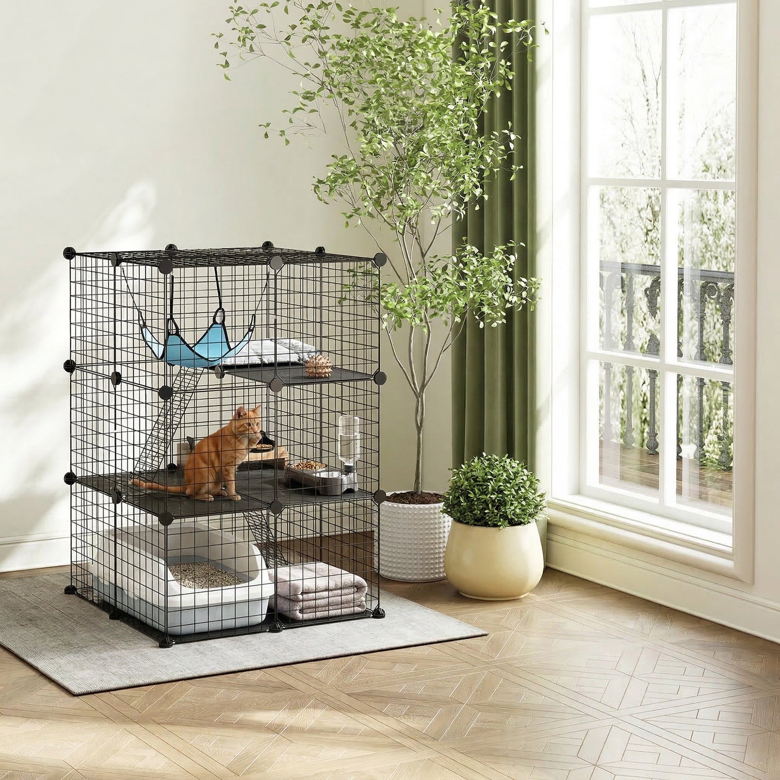 Indoor Cat Cage DIY Customizable 3-Tier Indoor Cat Enclosure with 3 Do