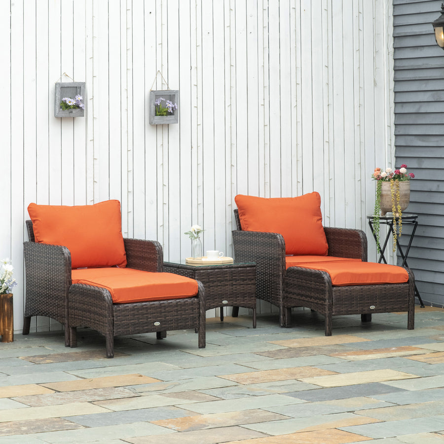 5 Pieces PE Rattan Garden Furniture Set with 10cm Thick Padded Cushions, Wicker Weave Outdoor Seating Chairs with 2 Armchairs, 2 Stools, Glass Top Table, Brown