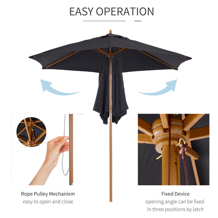 2.5m Wood Garden Parasol Sun Shade Patio Outdoor Wooden Umbrella Canopy Black