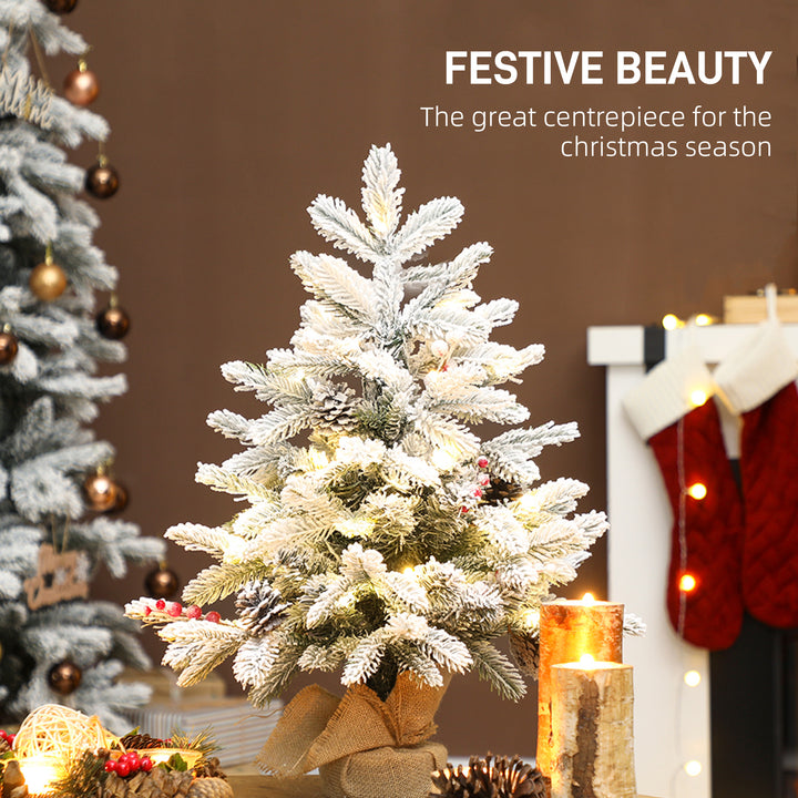 MCL 60 cm Prelit Small Christmas Tree with 35 LED Lights, Snow Flocked Tabletop Mini Xmas Tree with Pine Cones, Berry Clusters and Linen Cover Base, Battery Operated, Green