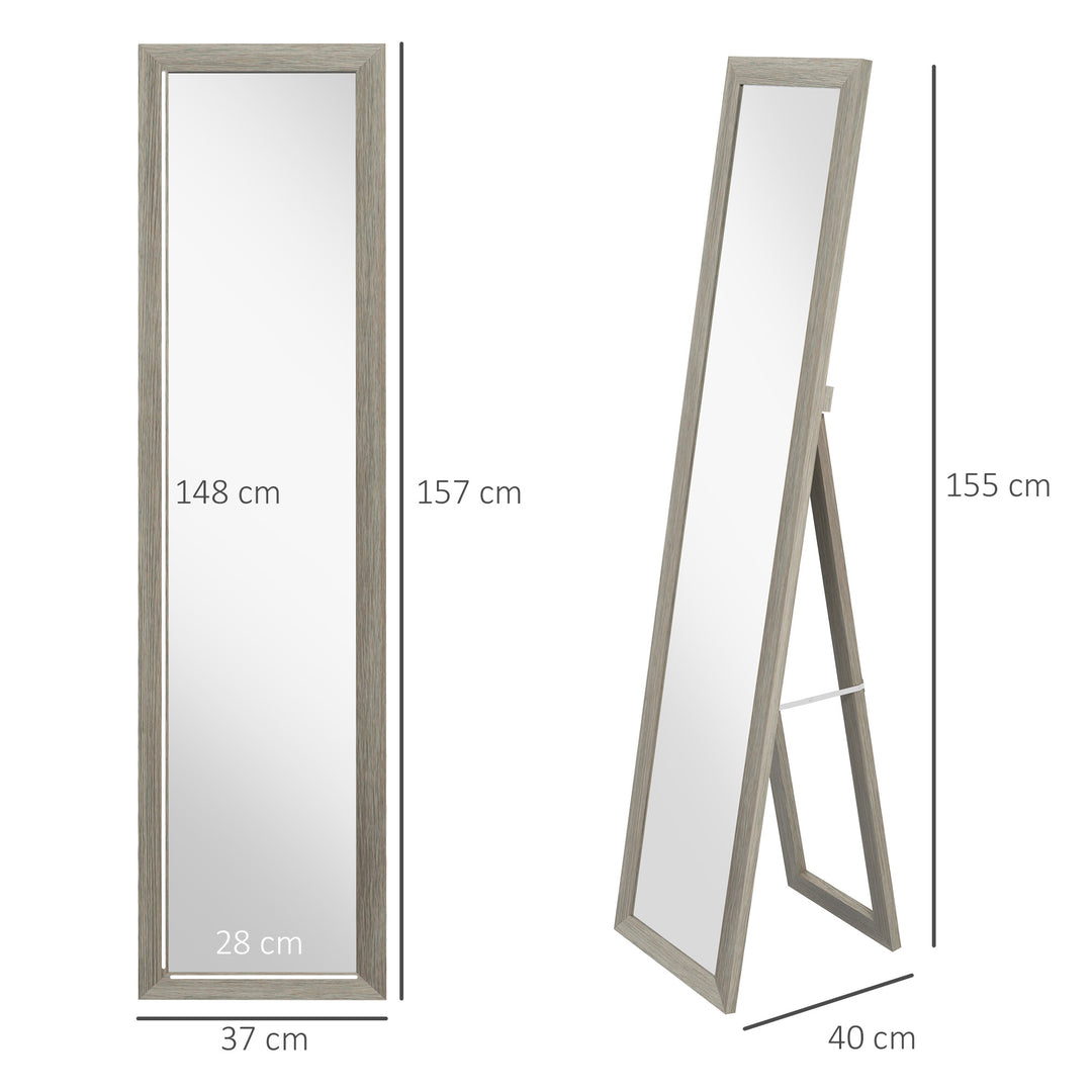 HOMCOM Free Standing Mirror w/ Anti-Slip Pads & Wood-Effect Frame for Bedroom, Hallway or Lounge, 155 x 40 cm, Grey | Aosom UK