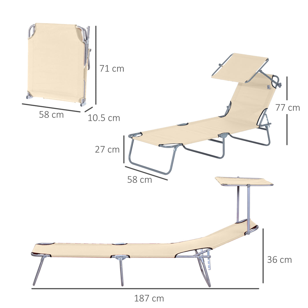 2 Pieces Outdoor Foldable Sun Lounger, 4 Level Adjustable Backrest Reclining Sun Lounger Chair with Angle Adjust Sun Shade Awning for Beach, Garden, Patio, Beige