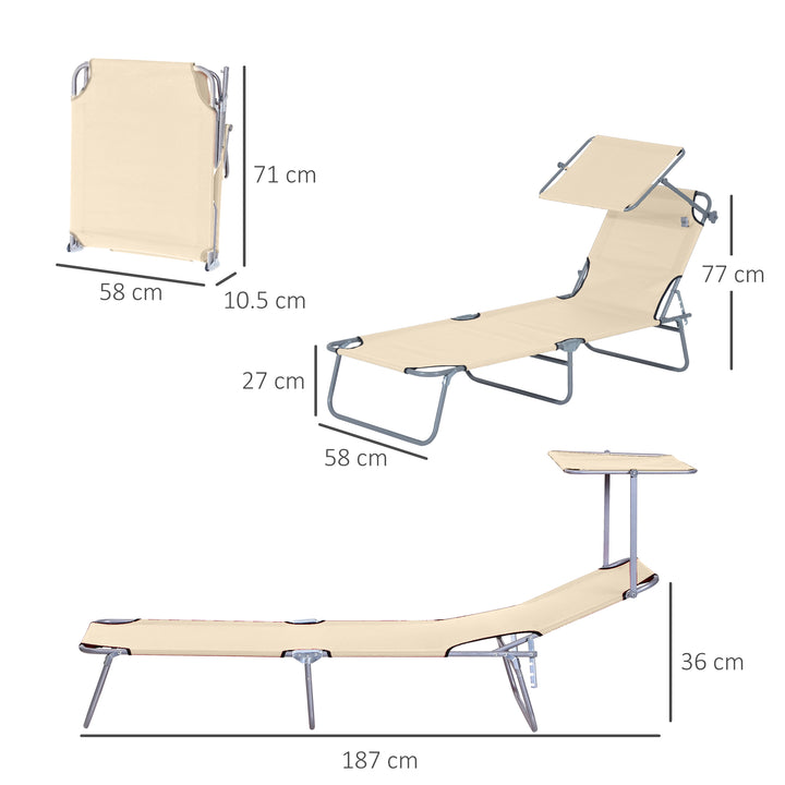 2 Pieces Outdoor Foldable Sun Lounger, 4 Level Adjustable Backrest Reclining Sun Lounger Chair with Angle Adjust Sun Shade Awning for Beach, Garden, Patio, Beige