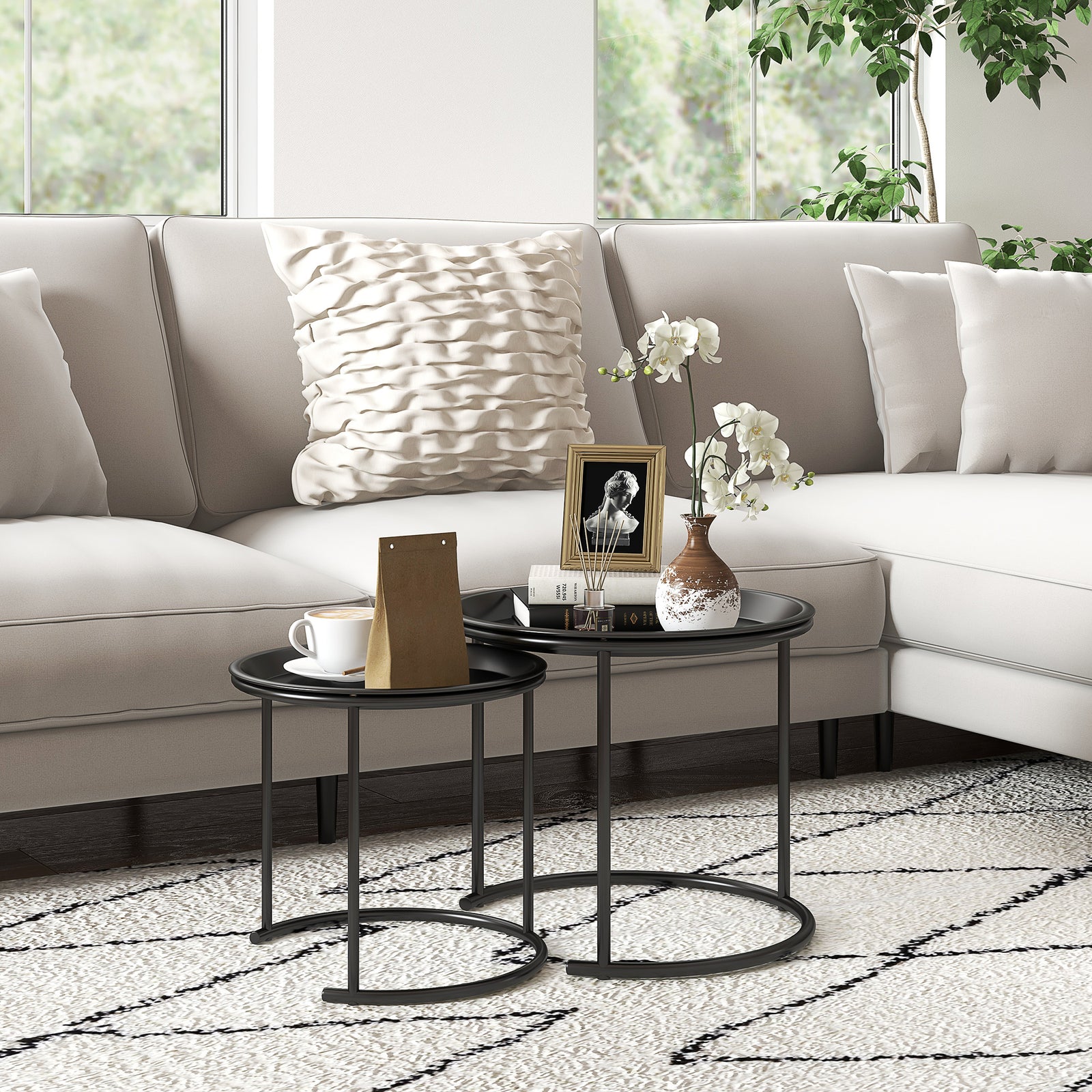 Nesting Tables Set of 2, Side End Table with Removable Tabletop Tray and Steel Frame for Living Room, Bedroom, Black