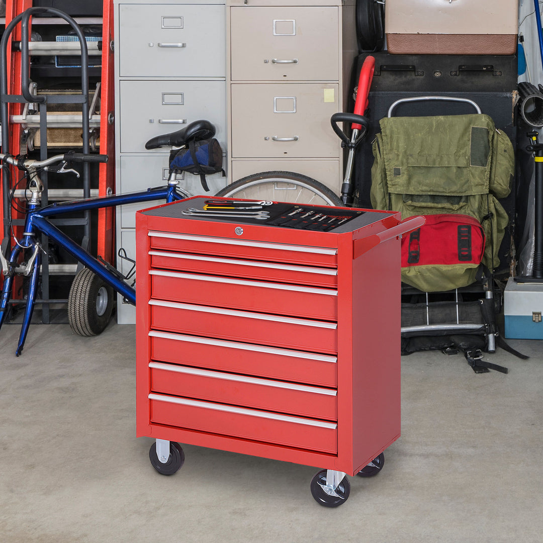 7-Drawer Rolling Tool Chest on Wheels, Lockable Tool Cabinet with Side Handle, Metal Tool Box Trolley for Garage, Workshop, Red