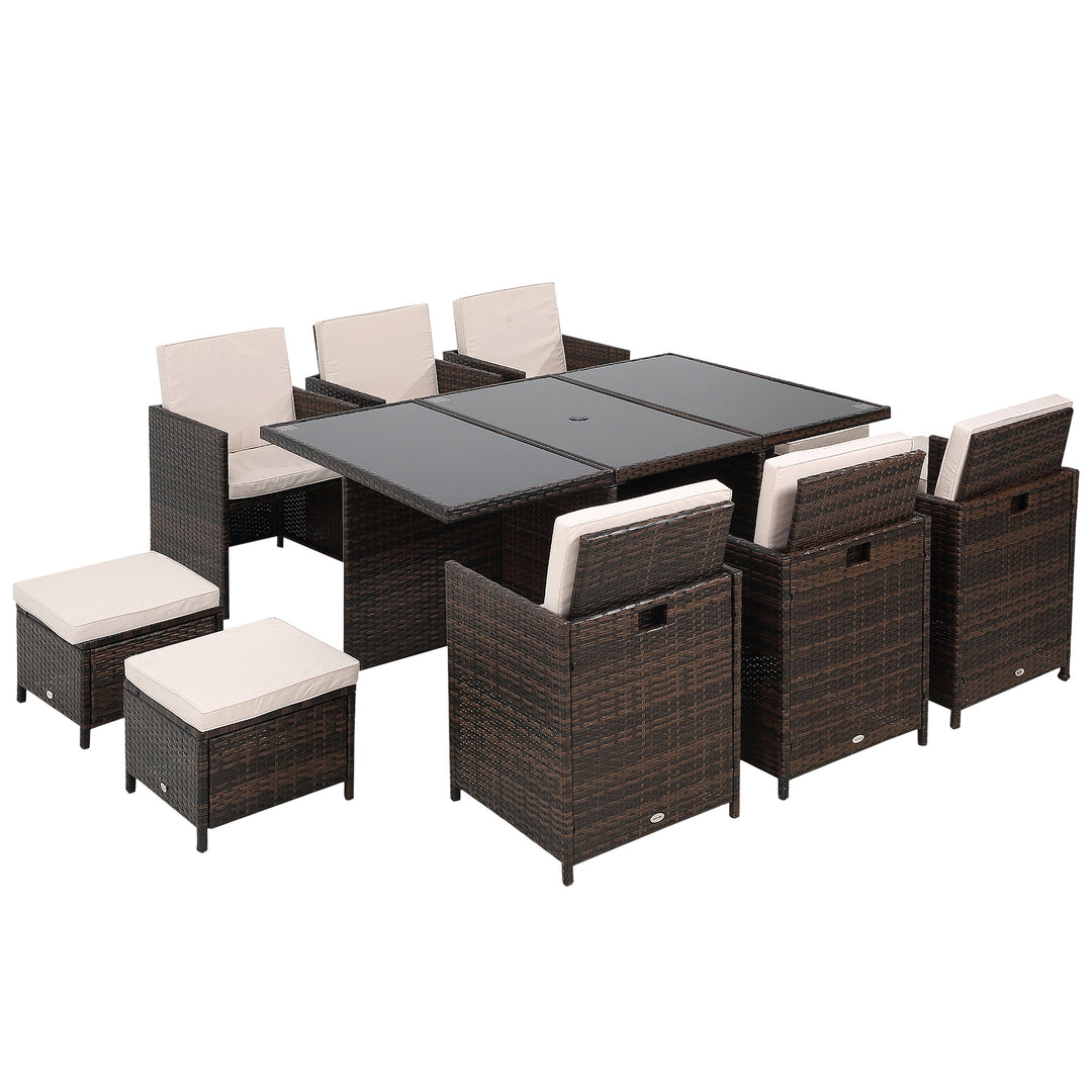 10 Seater Rattan Cube Garden Furniture Set with Parasol Hole, Rattan Dining Set with Cushions, Outdoor Dining Table and Chairs with Rectangular Glass Top Table for Patio, Mixed Brown