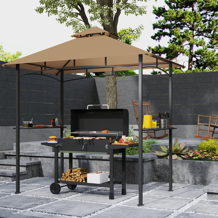 2.5x1.5m (8'x5') Grill Gazebo Canopy, Double Tiered Outdoor BBQ Gazebo Shelter with 2 Side Shelves for Garden, Patio, Barbecue, Picnic, Khaki