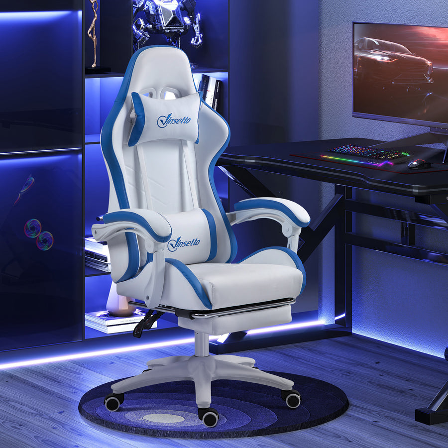 Computer Gaming Chair, PU Leather Office Desk Chair with Footrest, Swivel Wheels, 135° Reclining Back, Lumbar Support, Headrest for Home, White and Blue