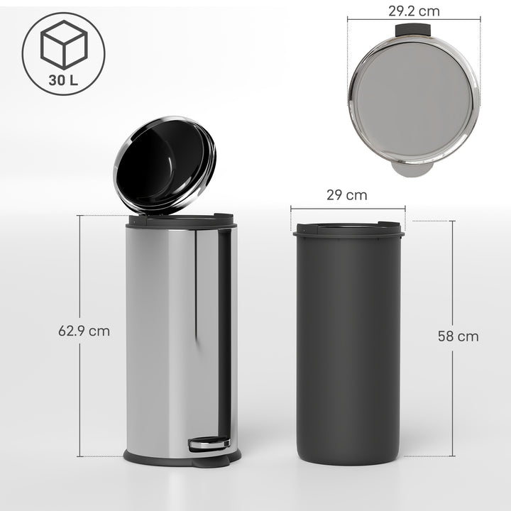 Foot Pedal Bin Stainless Steel Metal Waste Rubbish Lid Kitchen Garbage 30L Silver
