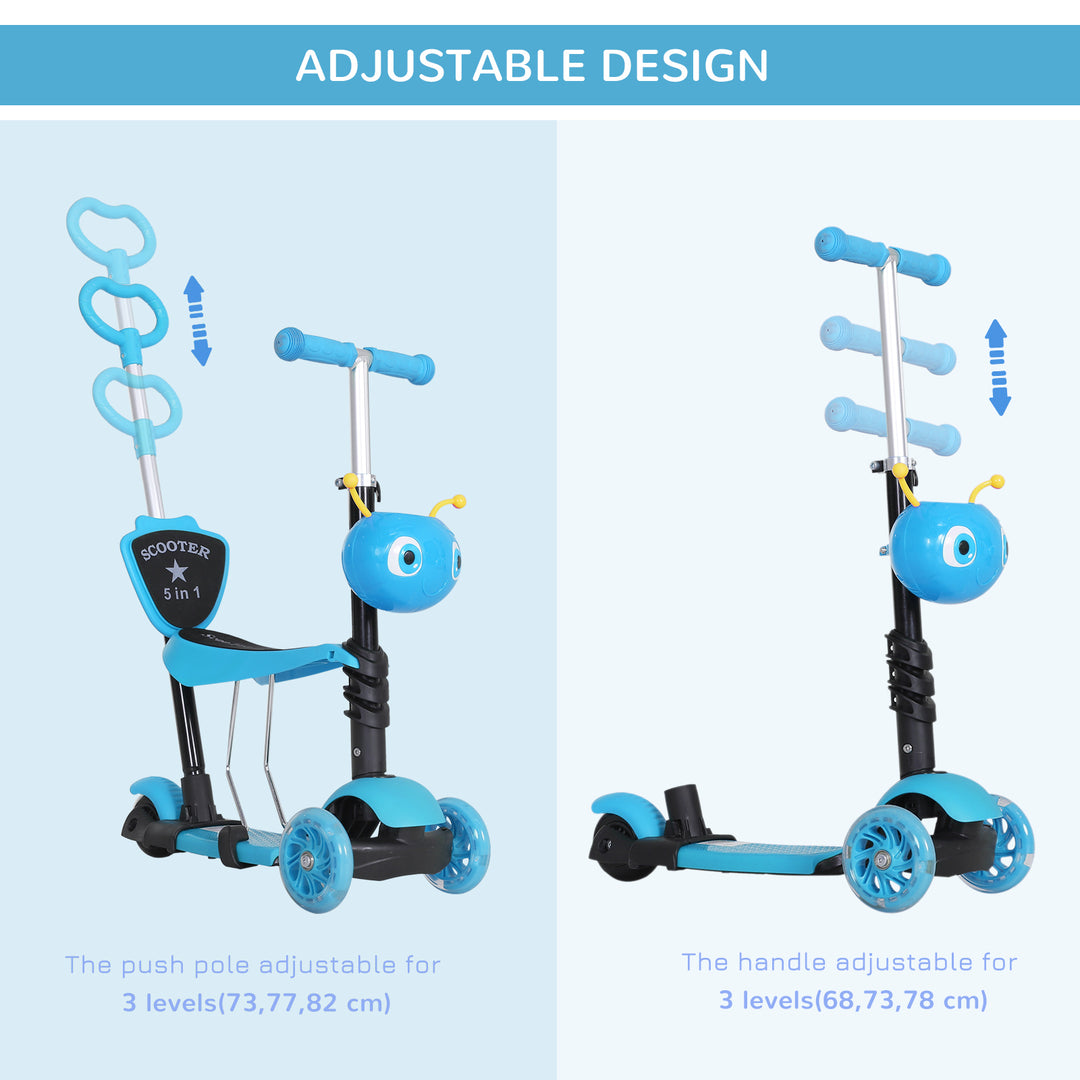 Adjustable Kids Toddler Scooter, with Removable Seat, Back Handle, Blue