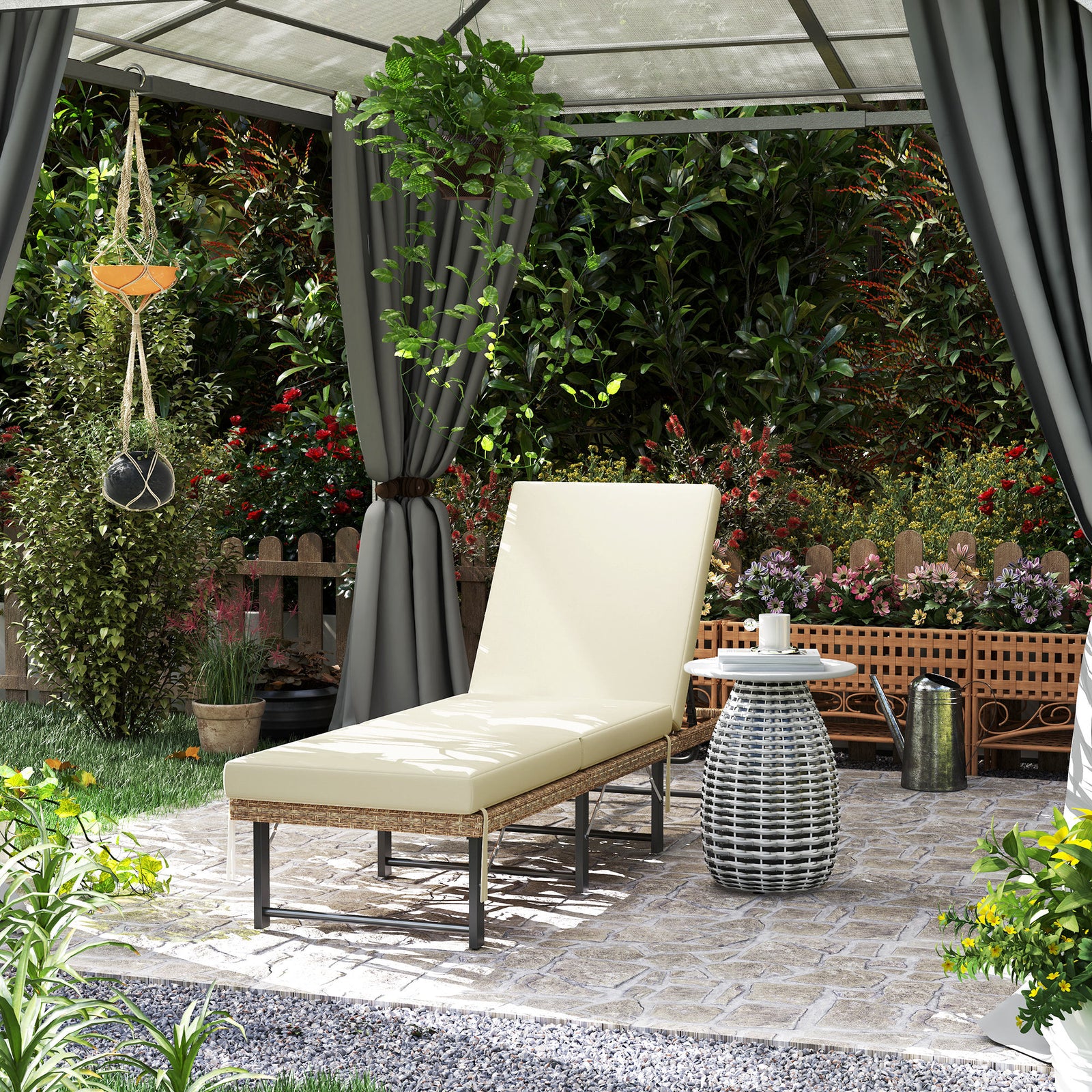 Single Folding Rattan Sun Lounger, with Cushion - Grey