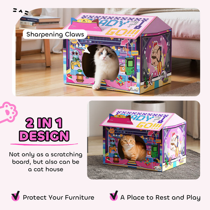 MCL 2 in 1 Gaming Style Cardboard Cat House with Scratching Board & Catnip for Indoor Cats, Pink