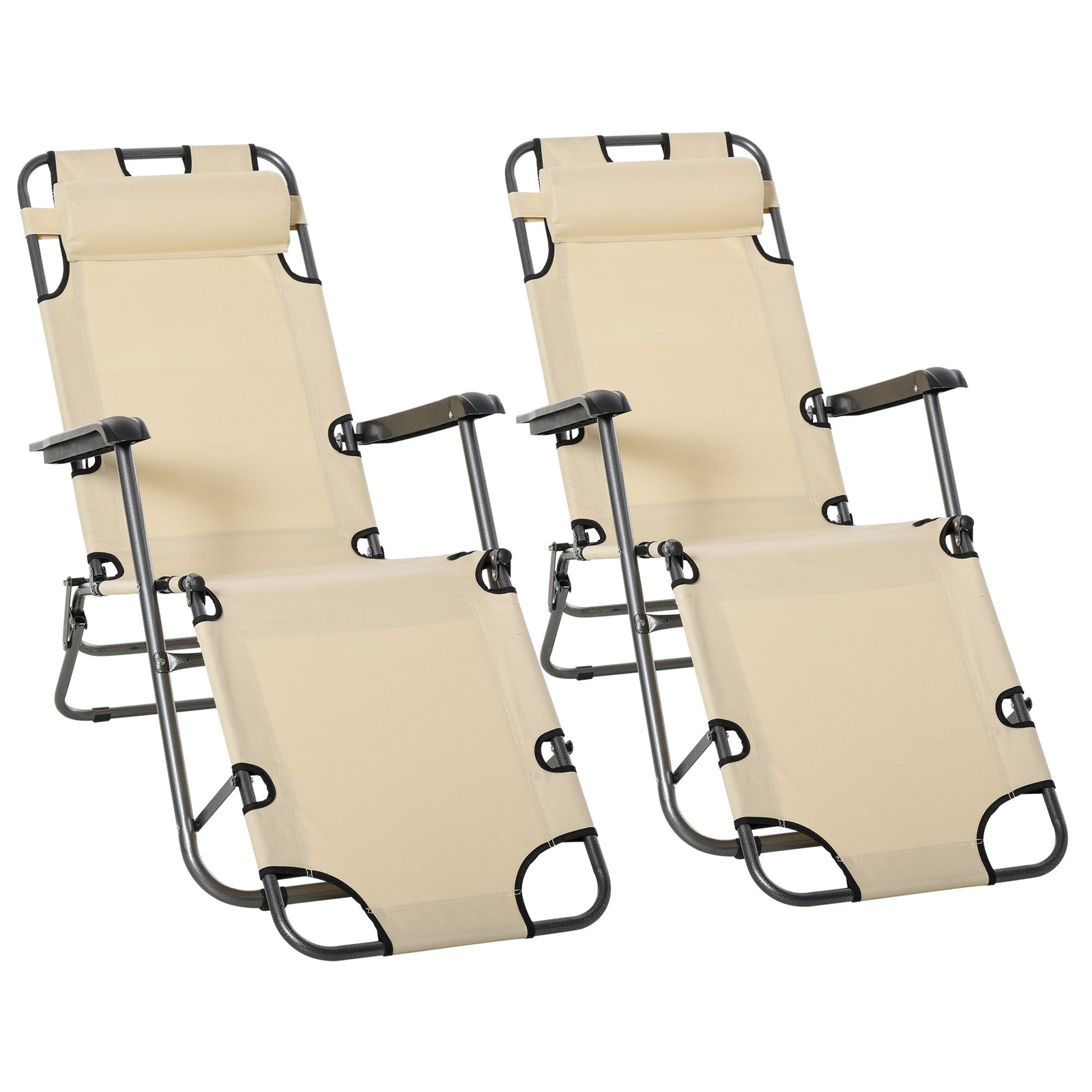 2 in 1 Folding Sun Lounger Reclining Garden Chair Set of 2 with 2-Level Adjustable Backrest, Outdoor Zero Gravity Recliner Garden Chairs with Head Pillow and Armrests, Beige