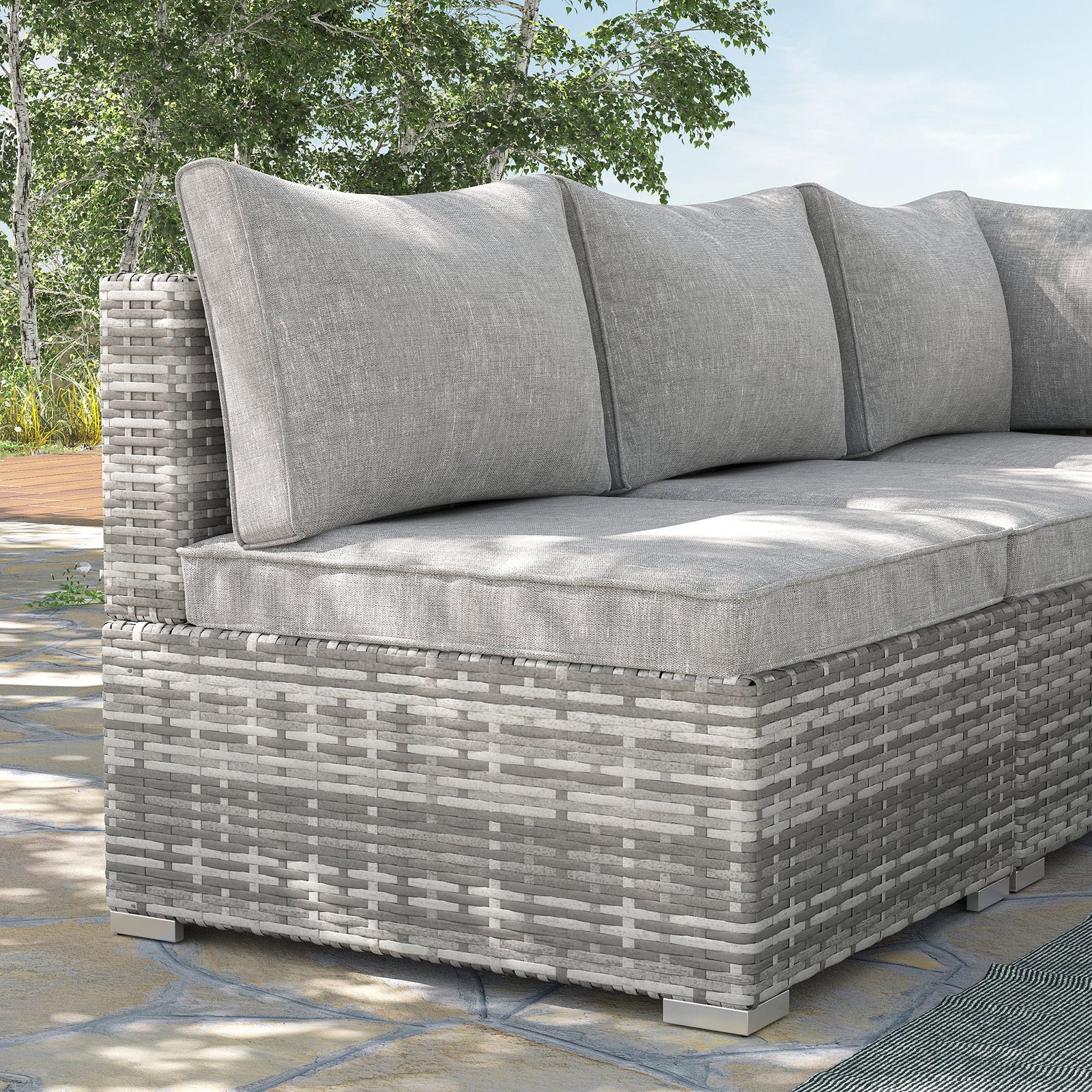 Outdoor PE Rattan Furniture with Cushions, Garden Armless Chair with Adjustable Footpads and Back Support Cushion, for Garden, Yard, Terrace, Light Grey