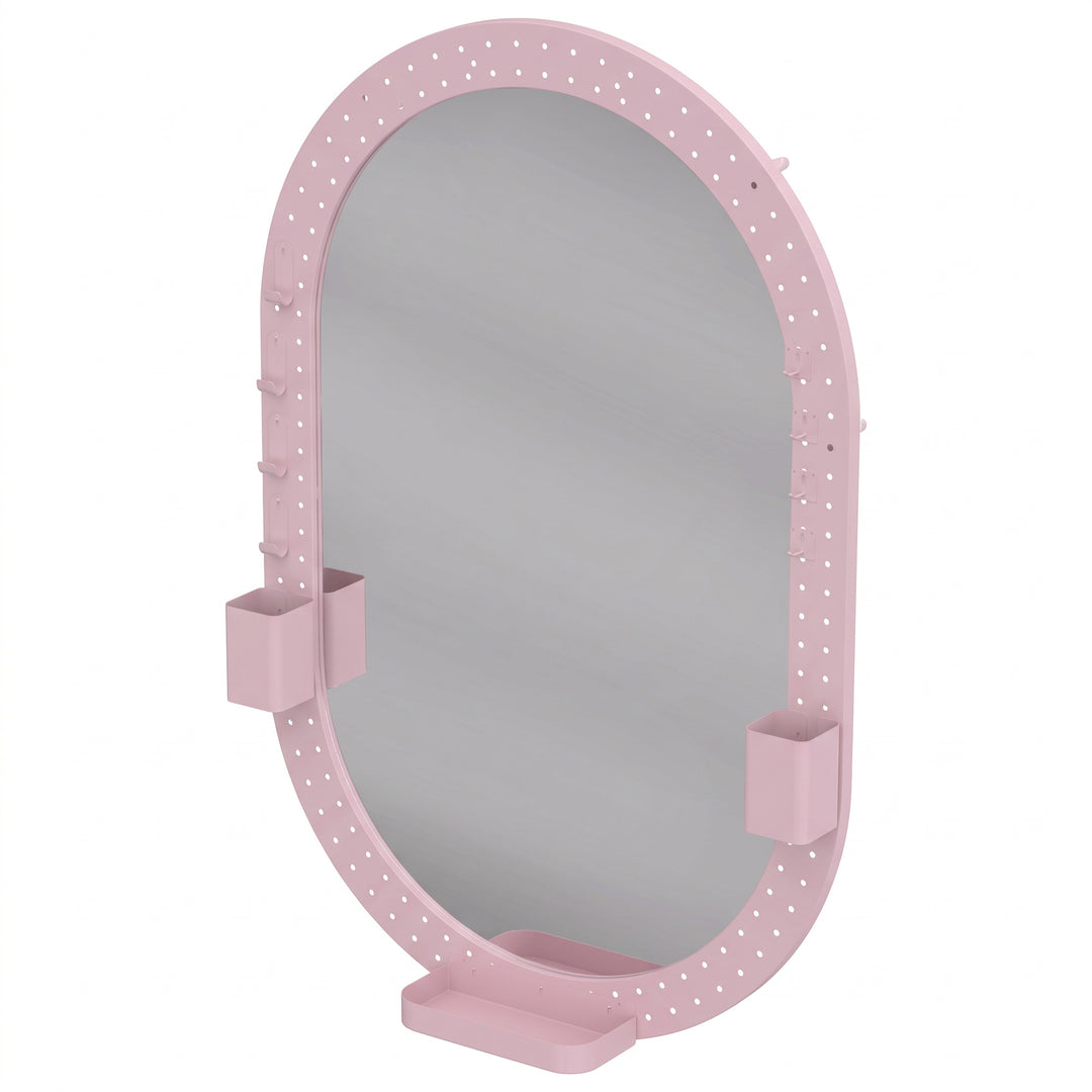 Oval Wall Mirror, 60 x 90 cm Decorative Hanging Mirror with Pegboard - Pink
