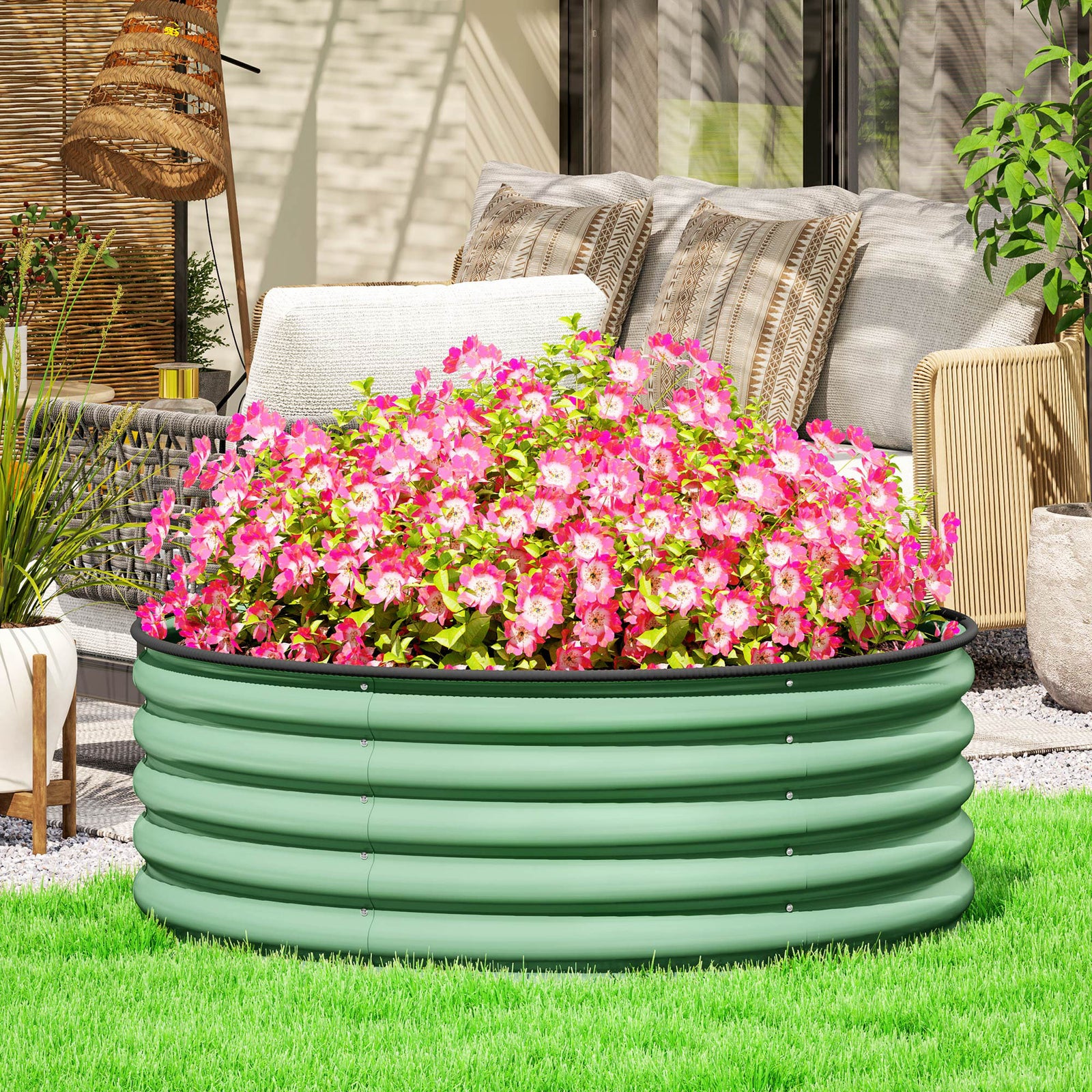 Galvanised Raised Garden Bed with Safety Edging, Outdoor Raised Planter Box with Gloves, 120 x 120 x 43cm, Light Green