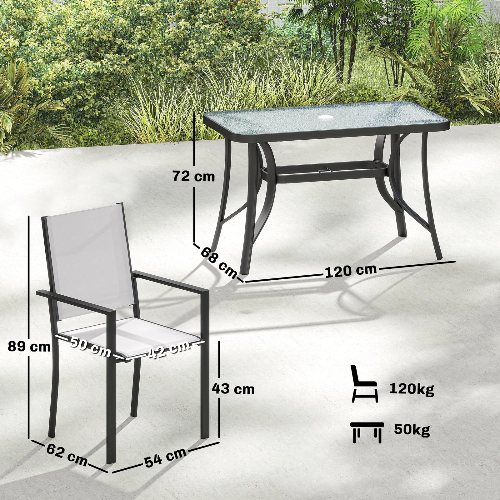 Garden Dining Set for 4 with Umbrella Hole, Stackable Chairs and Recta