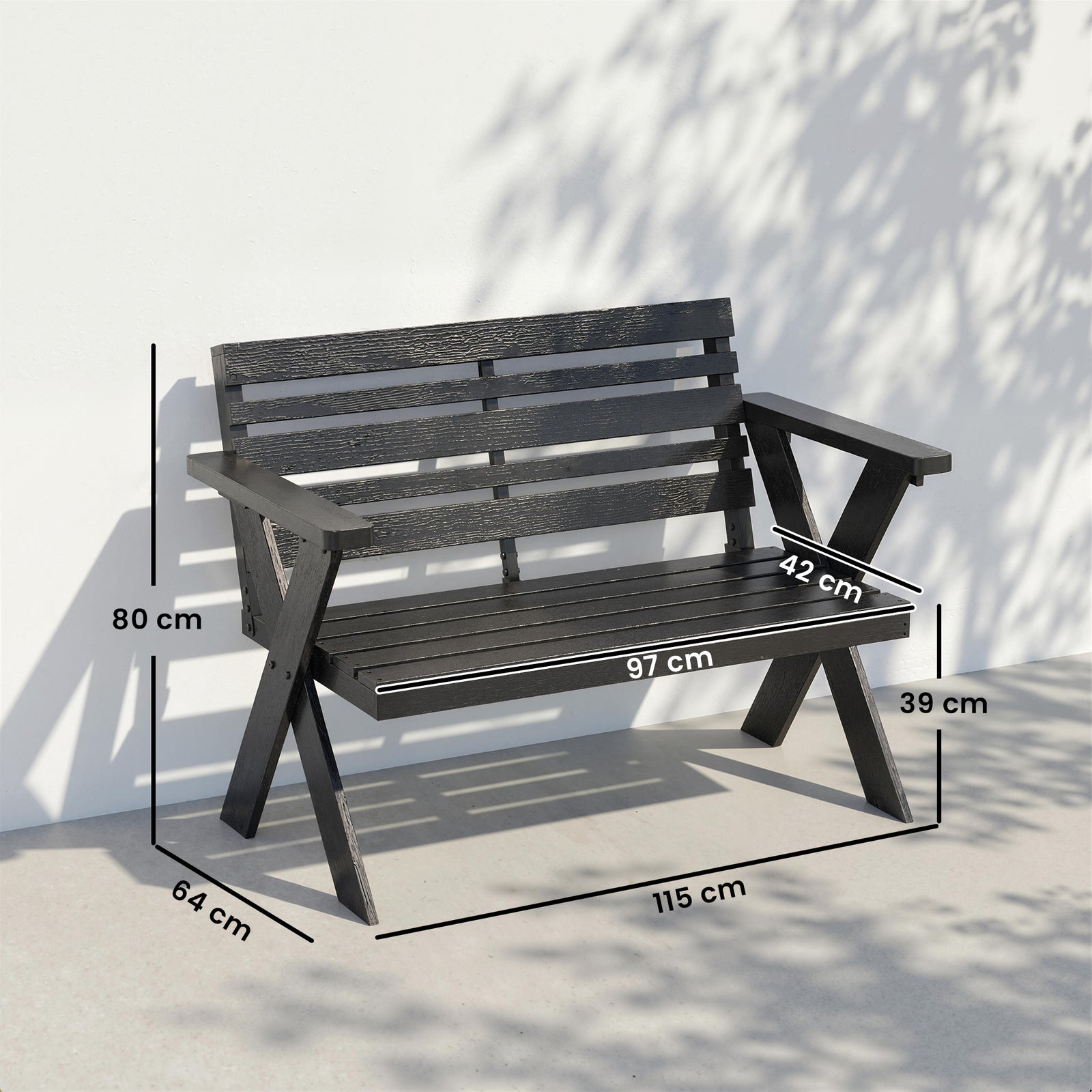 2 Seater Wooden Garden Bench, Slatted Patio Bench with Armrest and Bac