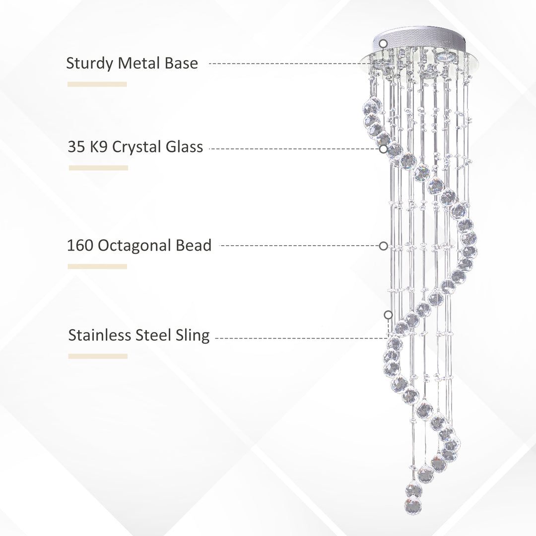 MCL Modern Crystal Chandelier Ceiling Light Pendant Lamp Chrome Finish Glass Droplets New, Ф30 x 120cm