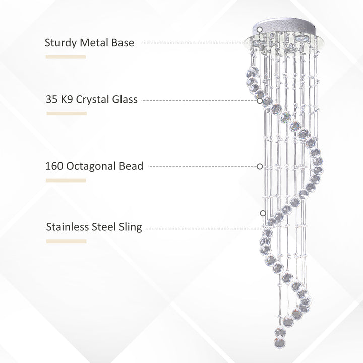 MCL Modern Crystal Chandelier Ceiling Light Pendant Lamp Chrome Finish Glass Droplets New, Ф30 x 120cm