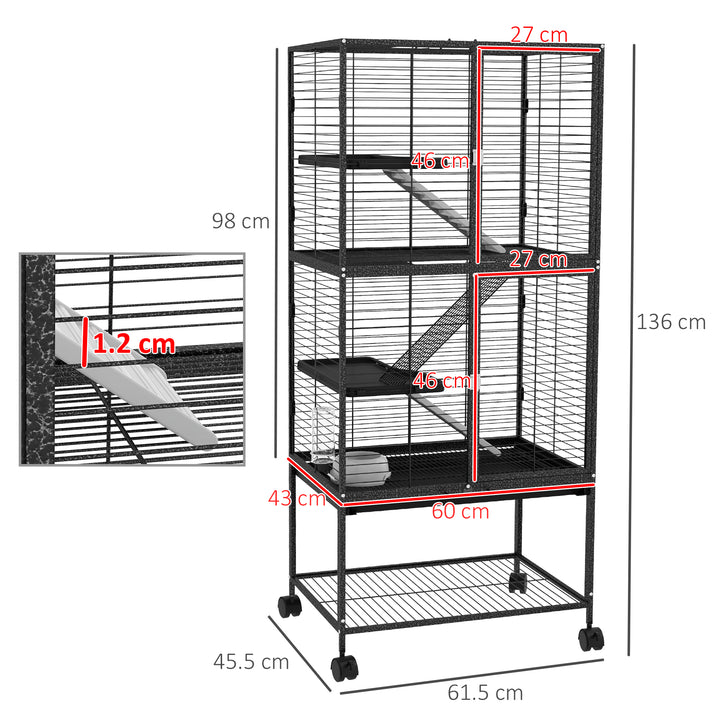 PawHut Rolling Chinchilla Cage, Small Animal Cage for Ferrets w/ Three Doors, Storage, Shelf, Tray Tray, Bowl, Water Bottle