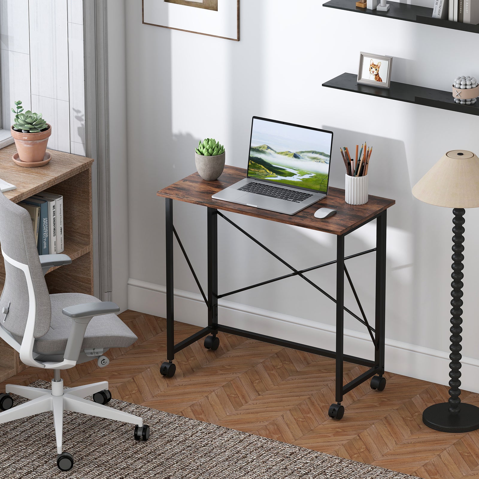 80 cm Folding Desk on Wheels - Rustic Brown
