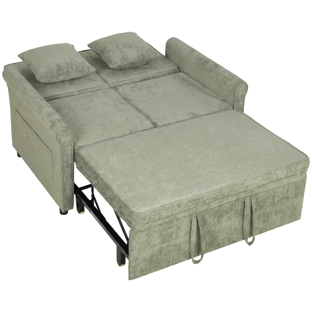 2 Seater Sofa Bed 3-in-1 Convertible Chenille Pull Out Sleeper Sofa - Light Green