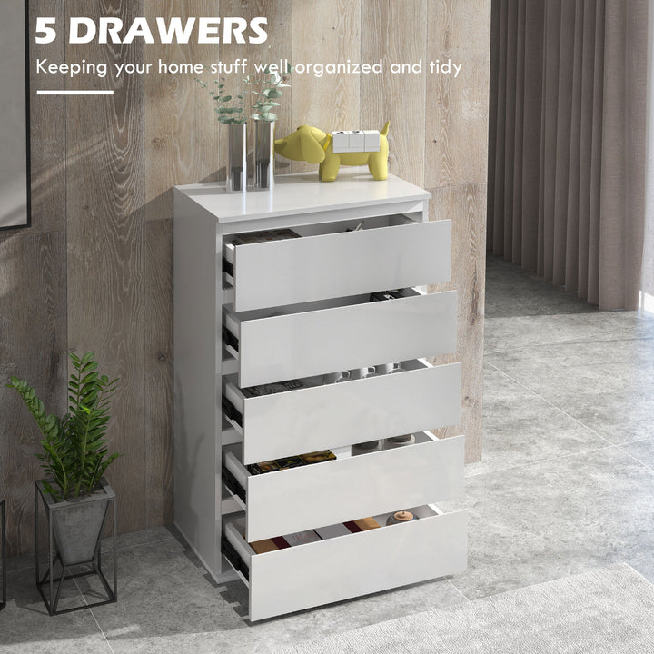 HOMCOM High-Gloss Chest: 5-Drawer Modern Storage Cabinet in Sleek White for Bedrooms | Aosom UK