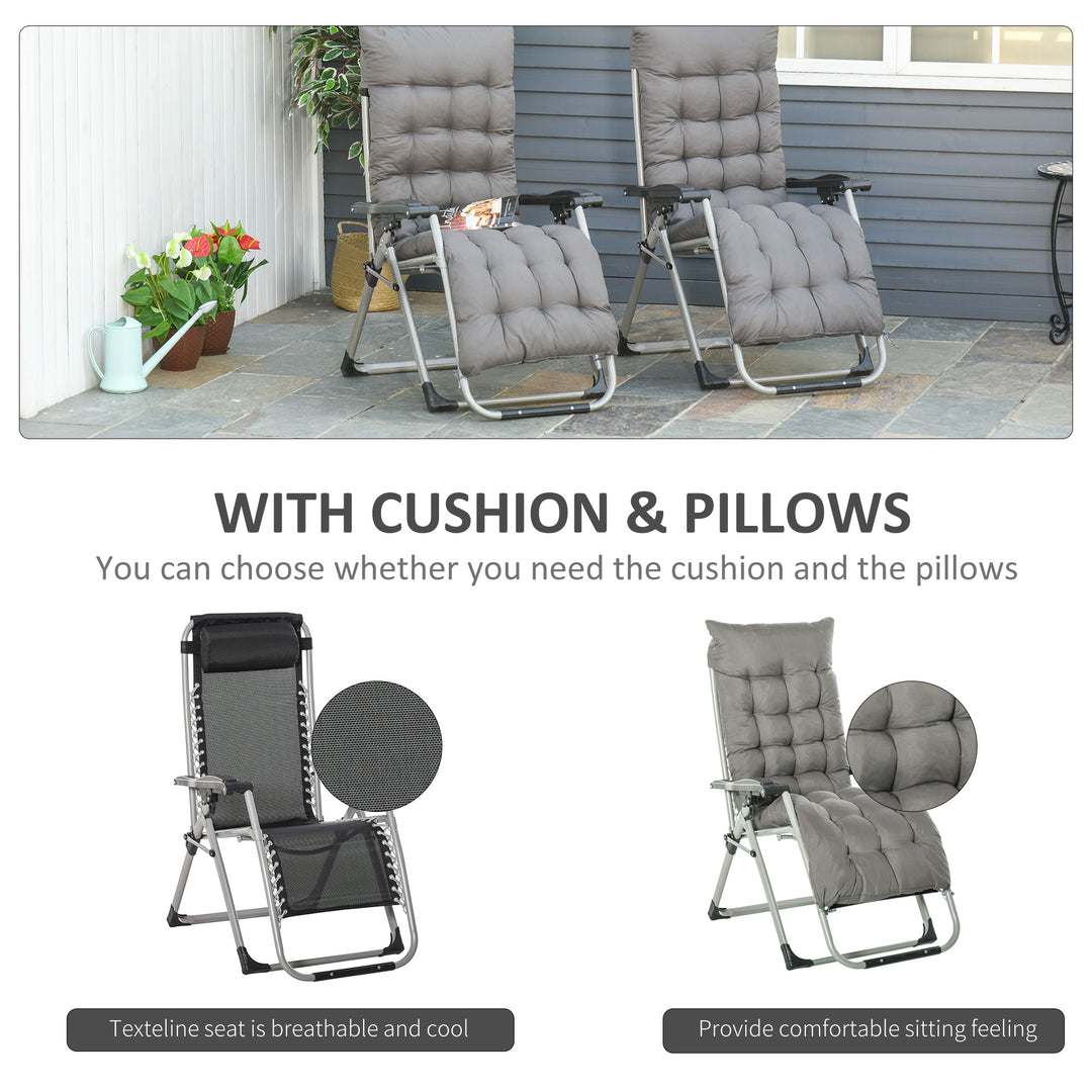 2pc Reclining Zero Gravity Sun Loungers ,Folding Chaise Lounge Chair with Cushions, Dark Grey