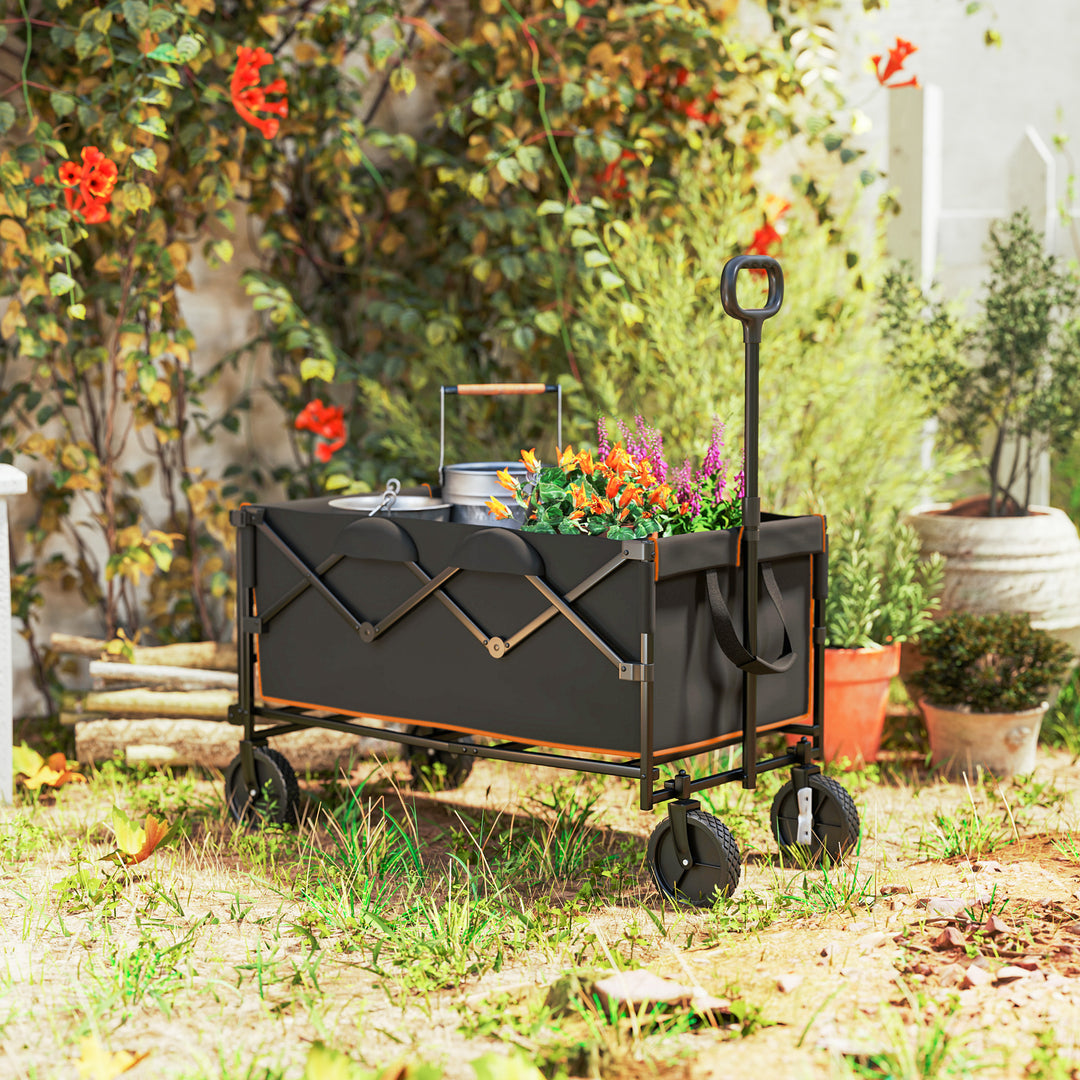 160L Festival Trolley on Wheels, Folding Camping Trolley Cart w/ Tailgate, 100kg Heavy Duty Garden Collapsible Folding Wagon w/Adjustable Handle, Carry Bag for Beach Picnic, Black and Orange